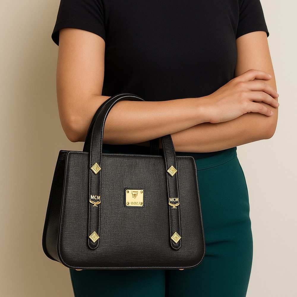 Vintage MCM Structured Black Leather Satchel – Gold Hardware – Rare Style E7844